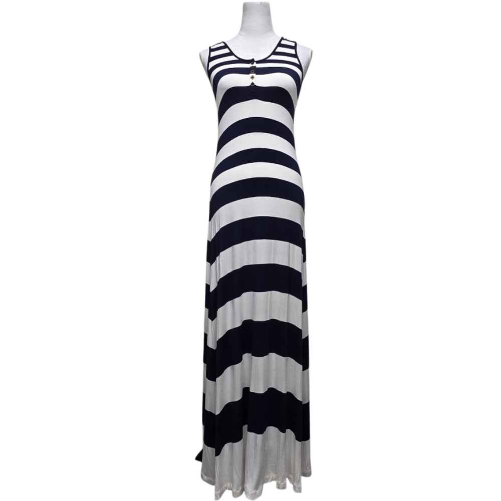 Deletta Anthropoligie Navy Blue & White Medium Horizontal Stripes Maxi Dress XS